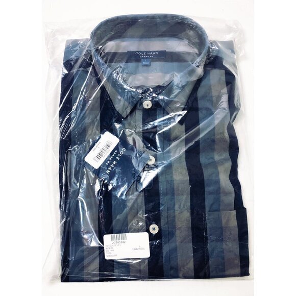 Cole Haan Mens Black Striped Spread Collar Long Sleeve Button Up Shirt Sz L New - Picture 3 of 8